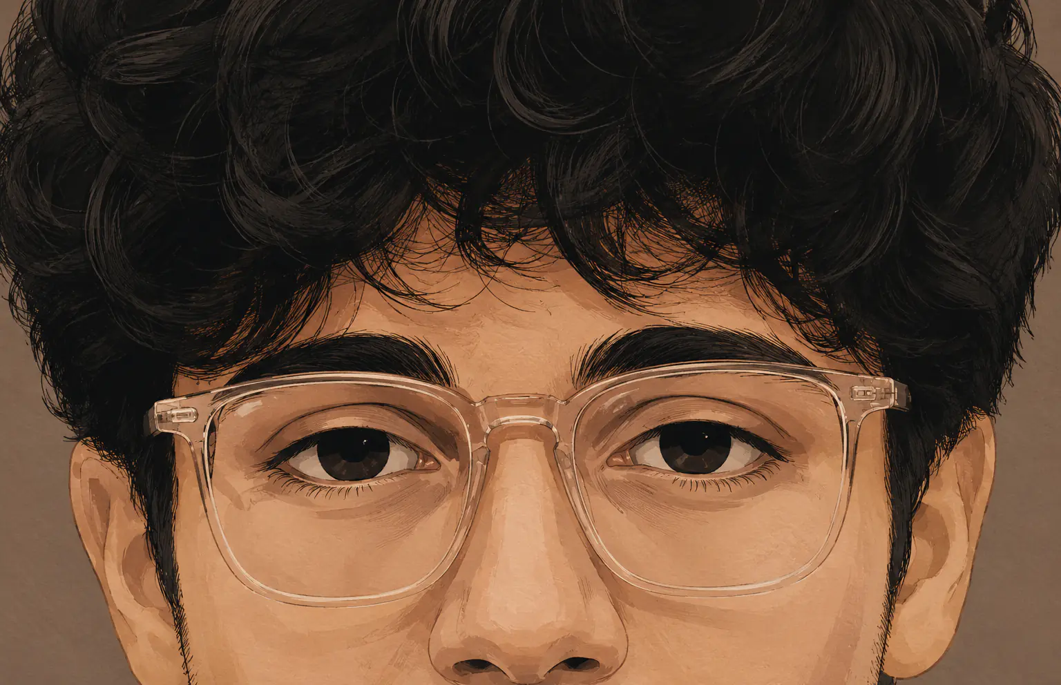 Illustrated portrait cropped close on the eyes, behind clear framed glasses