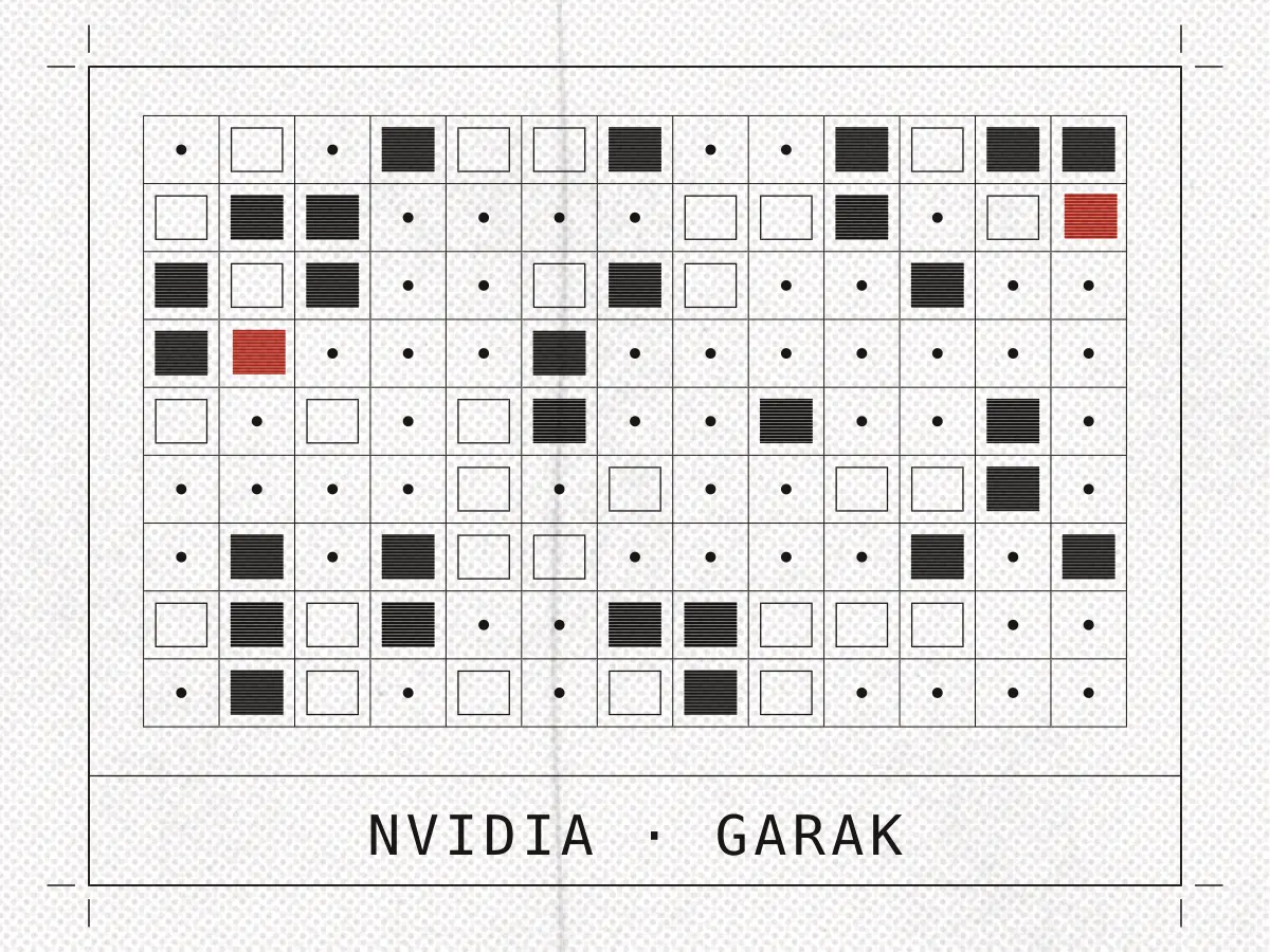 Printed plate captioned NVIDIA, garak: a probe and detector matrix, cells filled where an attempt got through and two of them in red.