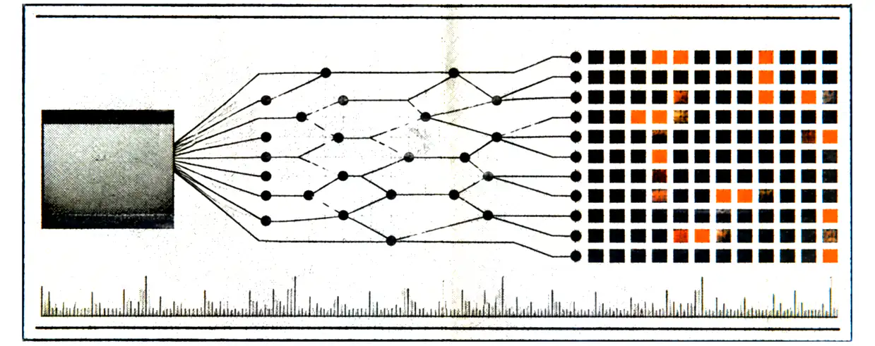 Printed plate for Blink: an inked slab at the left fanning out through a routing graph into a grid of cells, some of them in orange, over a tick scale.