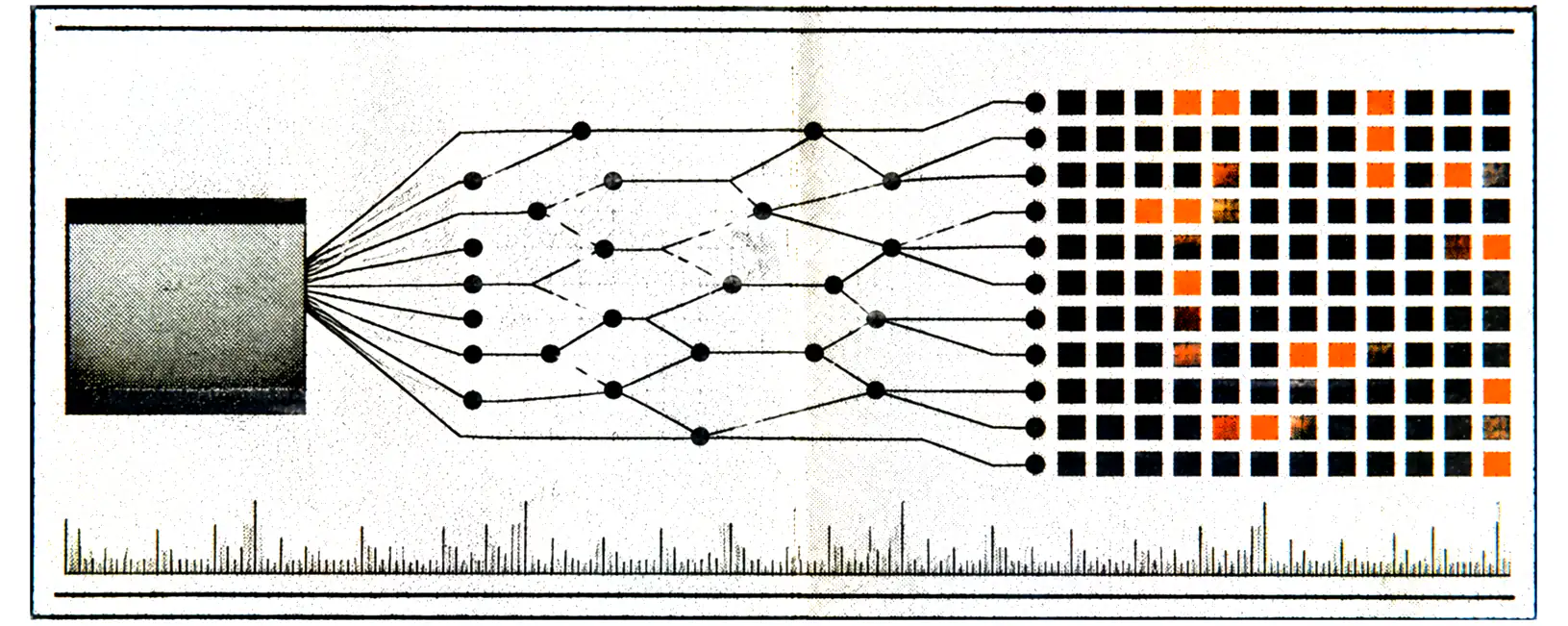 Printed plate for Blink: an inked slab at the left fanning out through a routing graph into a grid of cells, some of them in orange, over a tick scale.