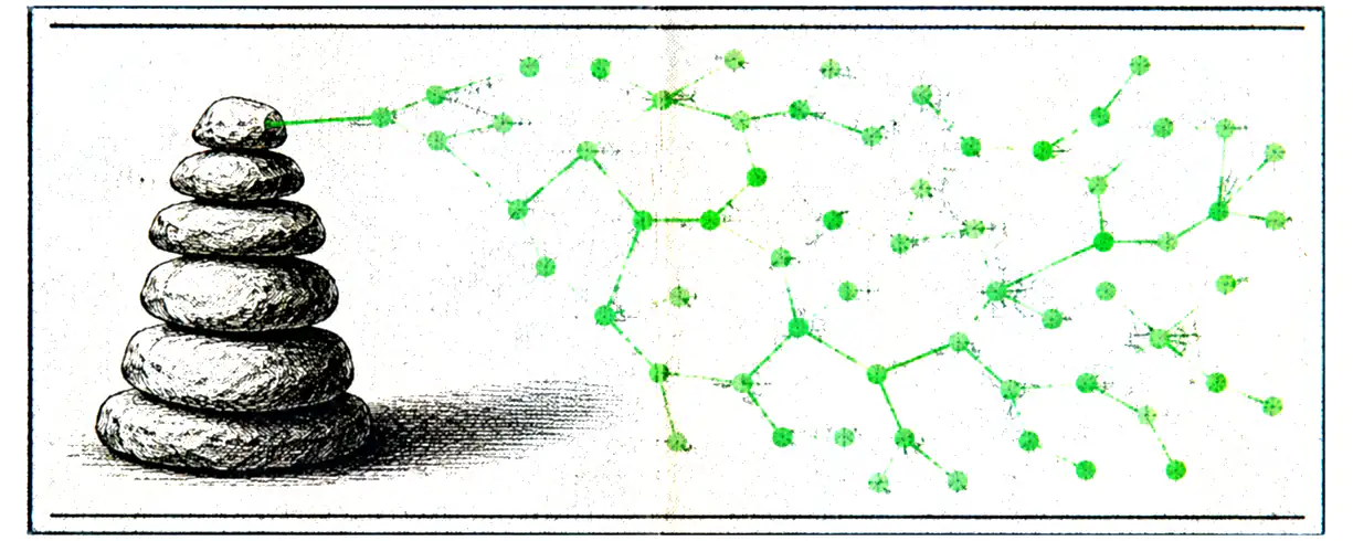 Printed plate for Cairn: a stack of engraved stones with a green node graph branching away from the topmost one.