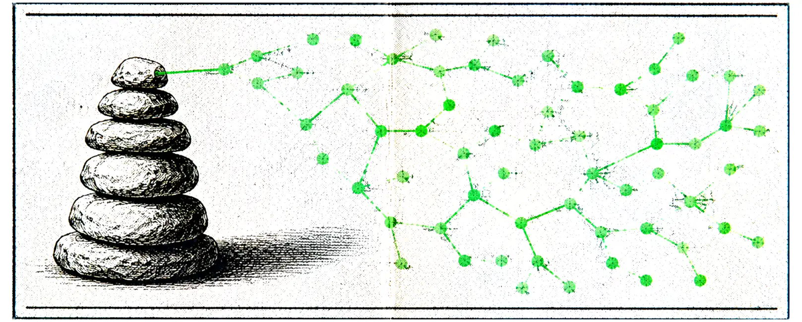 Printed plate for Cairn: a stack of engraved stones with a green node graph branching away from the topmost one.