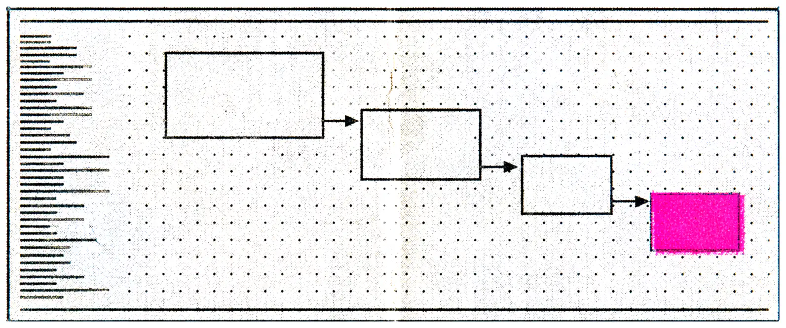 Printed plate for Flint: a chain of boxes joined by arrows across a dotted field, ending in one solid magenta box.