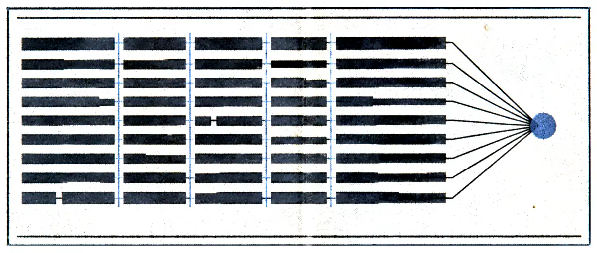Printed plate for Lockstep: five columns of heavy bars whose rows converge along fine lines into a single dot.