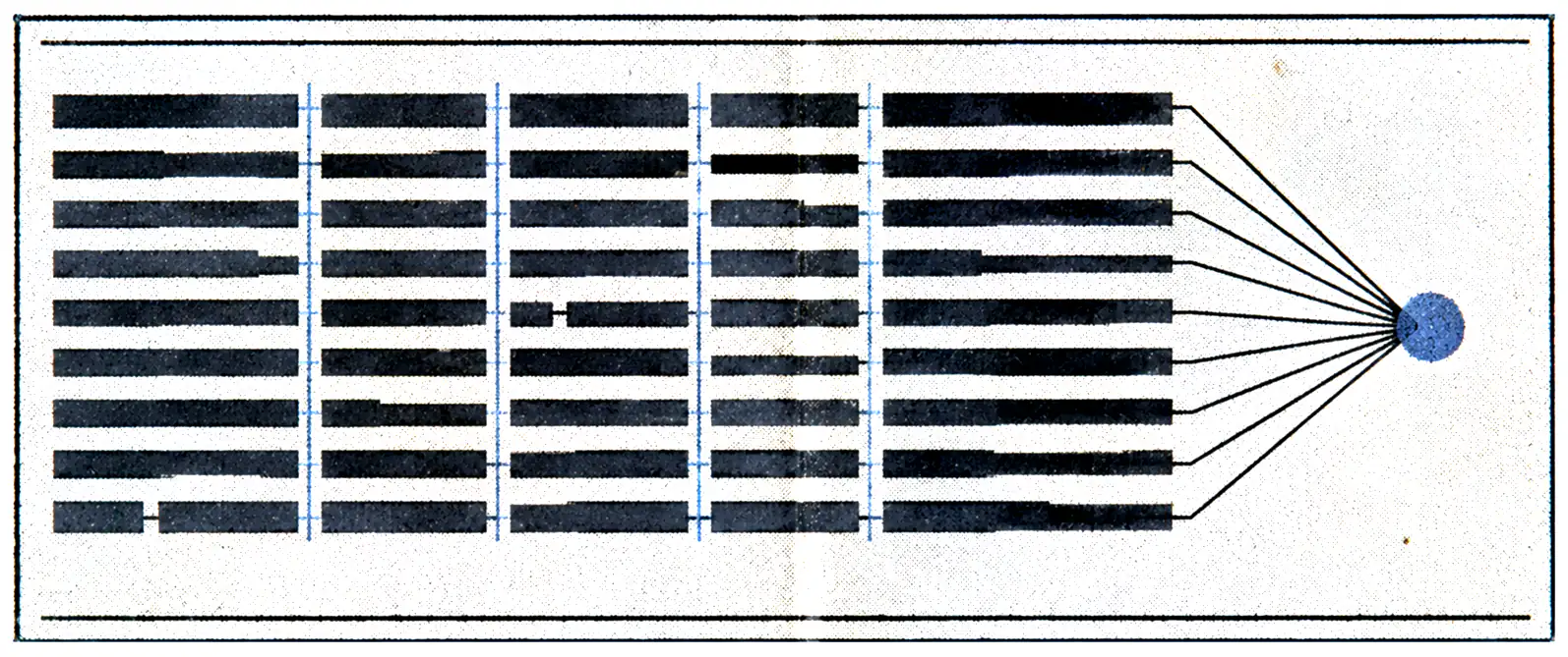 Printed plate for Lockstep: five columns of heavy bars whose rows converge along fine lines into a single dot.