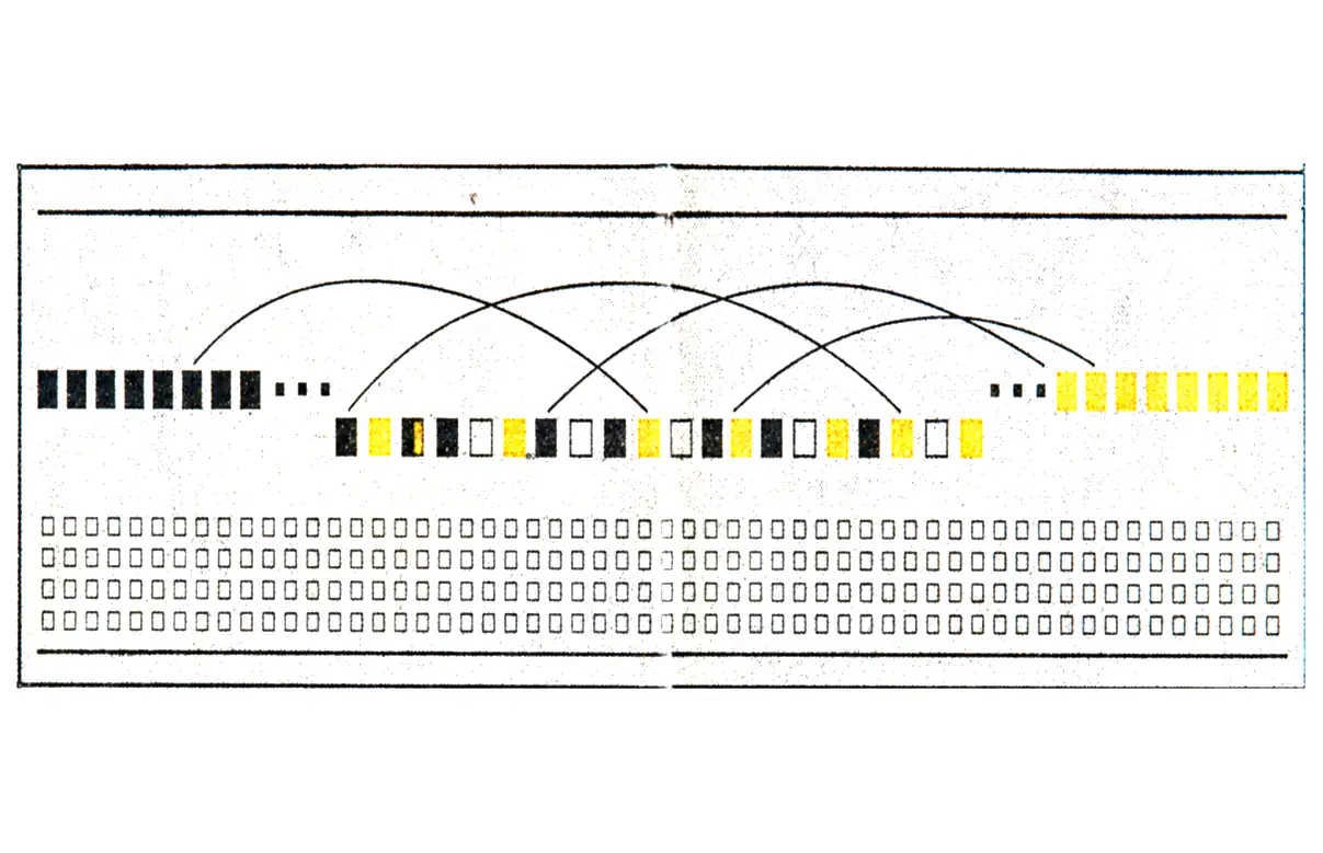Printed plate for Starling: two runs of black and yellow cells joined by crossing arcs, above a grid of empty cells.