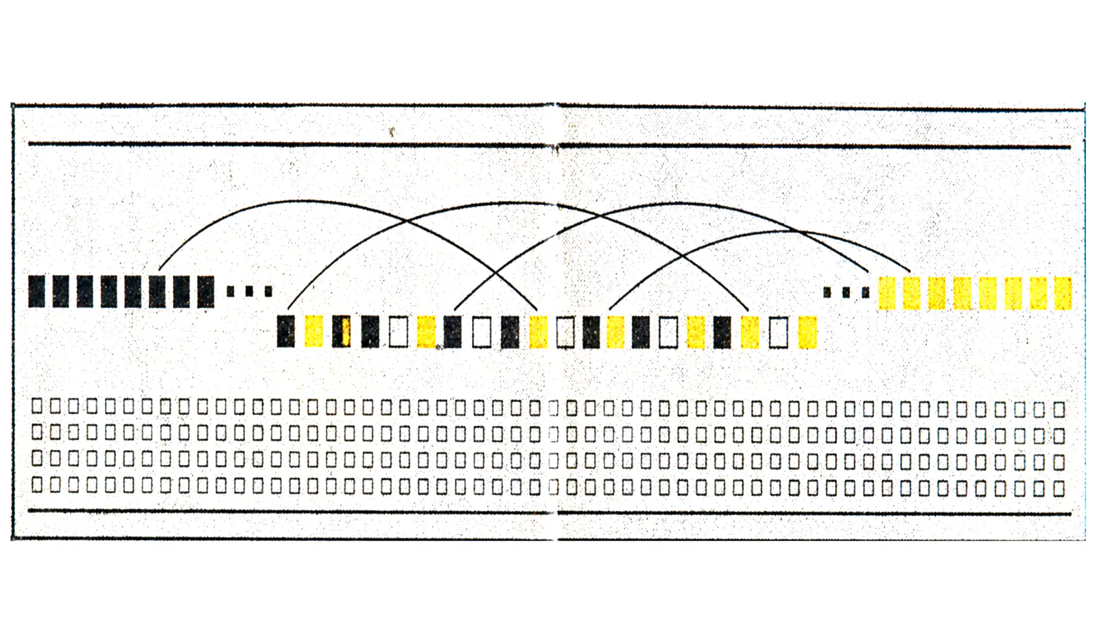 Printed plate for Starling: two runs of black and yellow cells joined by crossing arcs, above a grid of empty cells.