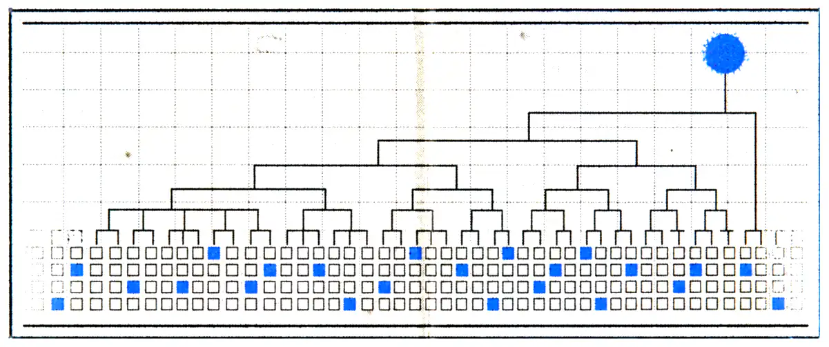 Printed plate for Tessera: a binary tree resolving upward to one blue node, above a long row of cells with some marked in blue.