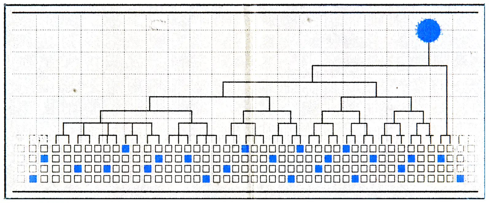 Printed plate for Tessera: a binary tree resolving upward to one blue node, above a long row of cells with some marked in blue.