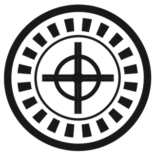 Colophon seal: a printer’s registration target, a crosshair and centre dot inside a notched bezel and a heavy outer ring.